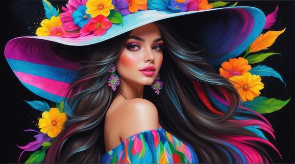 عکس زن با کلاه لبه‌پهن رنگی و گوشواره‌های بزرگ برای تابلو مدرن