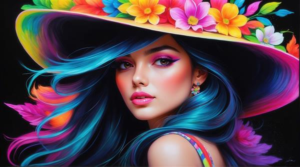 طرح زن جذاب با کلاه رنگین‌کمانی پرگل برای پوستر دیواری باکیفیت