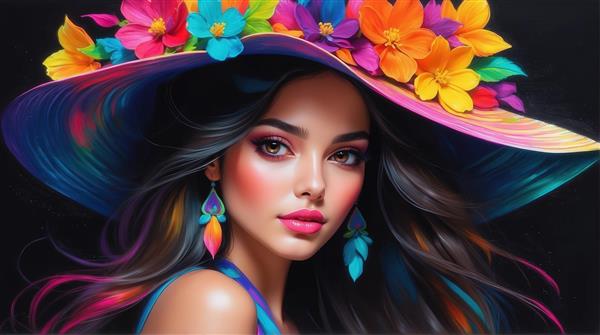 تصویر زن با کلاه ساحلی رنگارنگ و موهای بلند برای چاپ روی پرده