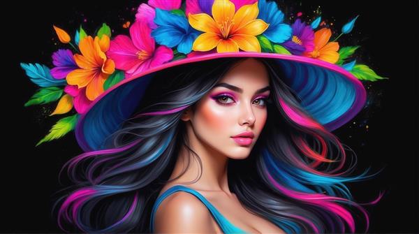 عکس زن با کلاه گل‌دار فانتزی و موهای نئونی برای تابلو دکوراتیو