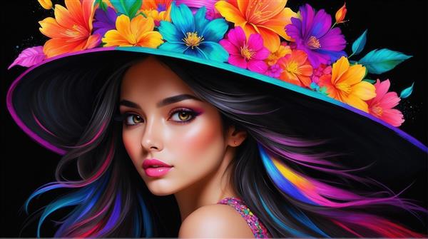 طرح زن با کلاه پرگل و موهای رنگین‌کمانی برای پوستر اتاق خواب مدرن