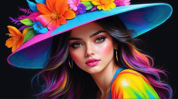 تصویر زن با کلاه آبی و صورتی گل‌دار برای چاپ روی بوم نقاشی