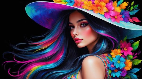 عکس زن با کلاه بزرگ گل‌گلی رنگارنگ برای تابلوی دکوراتیو نشیمن