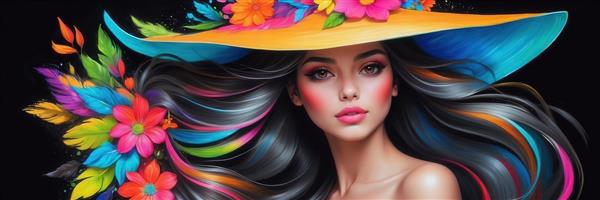 تصویر زن با کلاه رنگارنگ گل‌دار و پس‌زمینه مشکی برای چاپ عریض