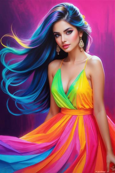 عکس زن در لباس شب رنگین‌کمانی برای تابلوی دکوراتیو اتاق خواب