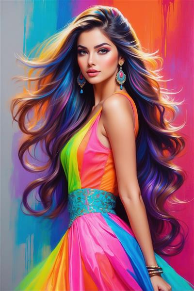 طرح پرتره زن با لباس مجلسی رنگارنگ برای چاپ روی پارچه و پرده
