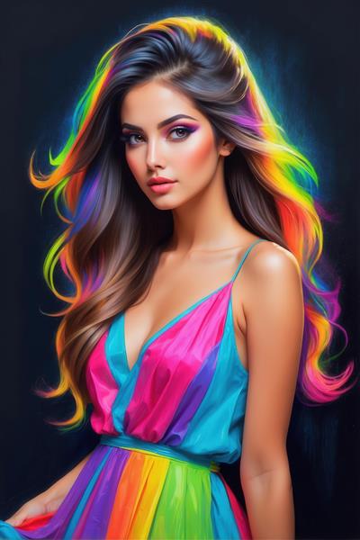 عکس دختر با لباس رنگین‌کمانی و موهای هایلایت برای تابلو دیواری