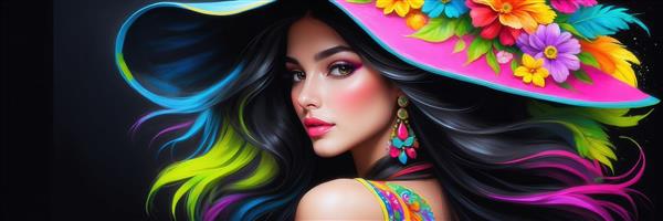 تصویر زن با کلاه لبه پهن گل‌دار و موهای رنگی برای پوستر باکیفیت