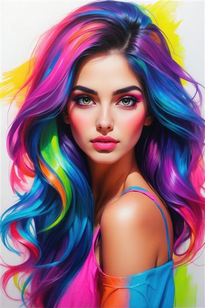 طرح پرتره فانتزی زن با موهای نئون و چشم‌های سبز روشن برای چاپ