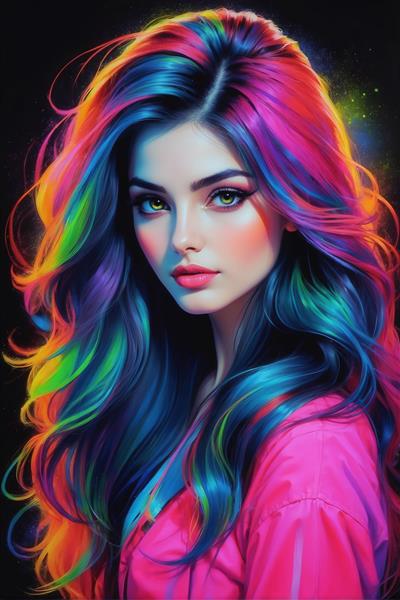 تصویر دختر با موهای بلند رنگی جذاب برای چاپ روی محصولات دکوراتیو