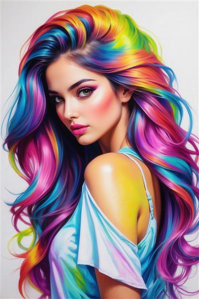 عکس زن جذاب با موهای موج‌دار رنگین‌کمانی برای تابلوی اتاق نشیمن
