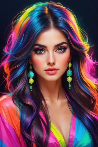 طرح پرتره زن زیبا با موهای رنگارنگ نئون و پس‌زمینه تیره