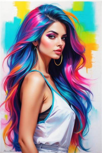 تصویر دختر با موهای رنگارنگ و پس‌زمینه انتزاعی برای پوستر باکیفیت