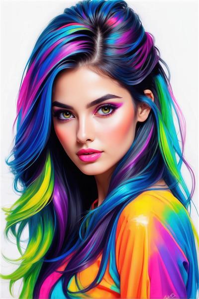 عکس پرتره دختر با موهای رنگی فانتزی برای چاپ روی پرده اتاق