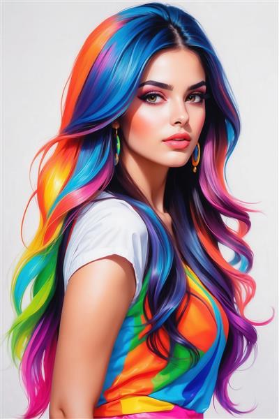 طرح زن فانتزی با موهای هفت‌رنگ برای تابلو دیواری دکوراتیو مدرن