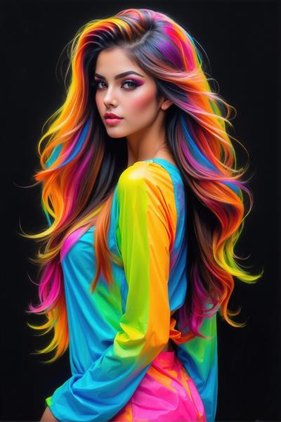 تصویر زن جذاب با موهای رنگی نئونی روی پس‌زمینه تیره باکیفیت