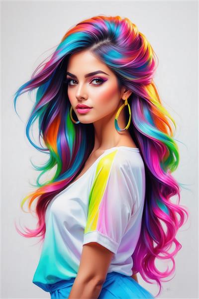 عکس دختر با موهای بلند رنگی شاد برای چاپ روی ماگ و محصولات چاپی