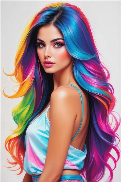 طرح پرتره فانتزی زن با موهای رنگین‌کمانی برای تابلو دیواری مدرن