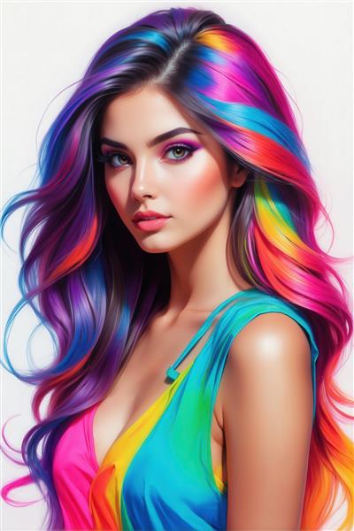 تصویر دختر جوان با موهای رنگی شاد برای چاپ روی روتختی و کوسن