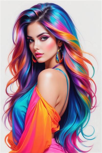 عکس پرتره زن با موهای رنگین‌کمانی برای پوستر دکوراتیو باکیفیت