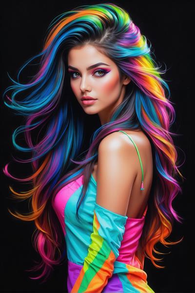 عکس پرتره دختر مدل با موهای نئون و لباس رنگارنگ برای تابلو دیواری