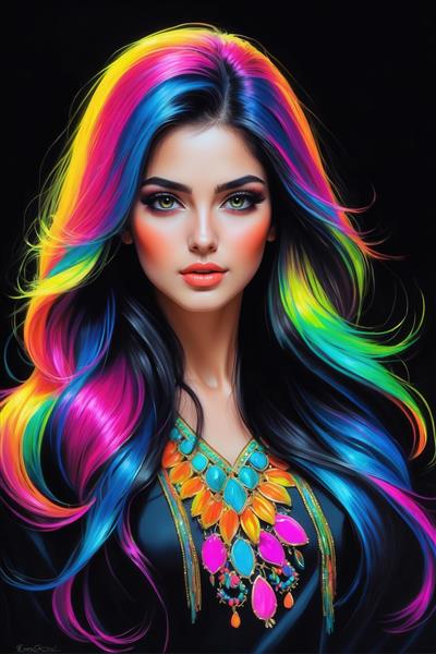 تصویر دختر با موهای رنگی و گردنبند سنگین نئون برای چاپ روی کوسن