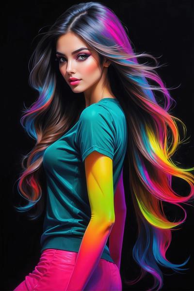 عکس پرتره دختر زیبا با موهای هایلایت نئونی برای پوستر اتاق نوجوان