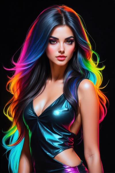 عکس پرتره نزدیک دختر با موهای نئون و لباس براق برای چاپ روی ماگ