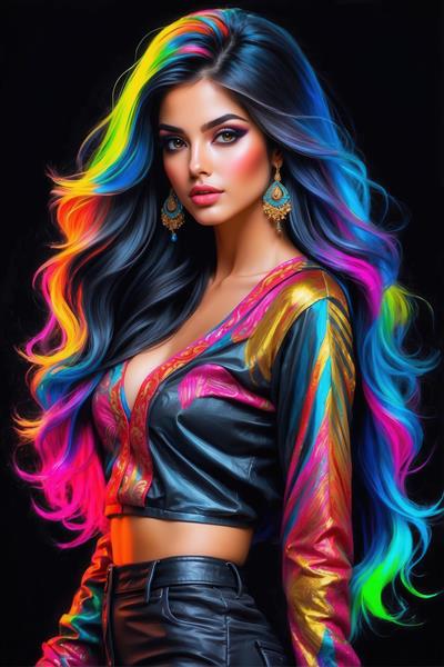 طرح پرتره دختر شیک‌پوش با موهای نئونی برای تابلو دکوراسیون داخلی