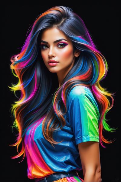 عکس پرتره مد دختر با موهای رنگین‌کمانی و لباس نئونی برای تابلو دکوراتیو