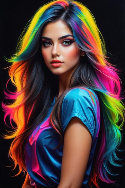 طرح پرتره فانتزی دختر با موهای رنگین‌کمان درخشان برای تابلو مدرن
