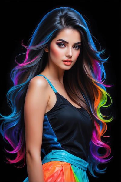 عکس زن با موی تیره و لایه‌های نئونی برای تابلو اتاق جوانان