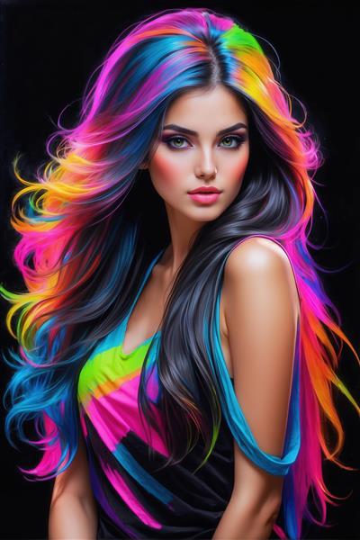 طرح فانتزی زن با موهای بلند رنگین‌کمانی برای پوستر دکوراتیو