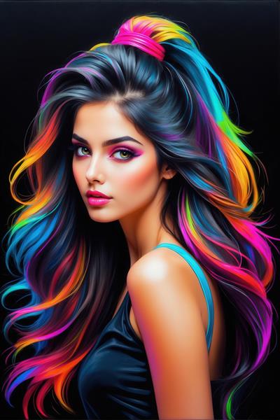 عکس زن با موی دم اسبی و رنگ‌های نئونی برای تابلوی دکوراسیون