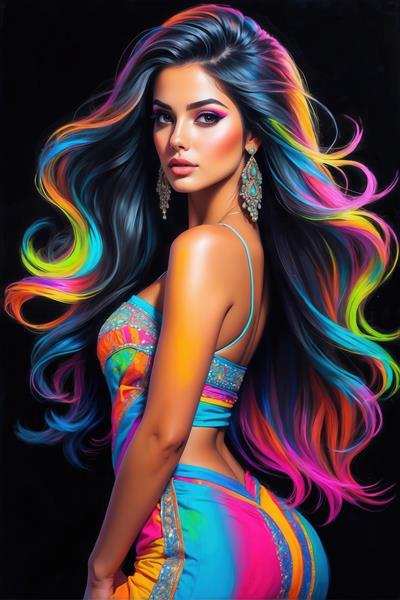 طرح زن زیبا با لباس نئون و موهای بلند رنگارنگ برای روتختی