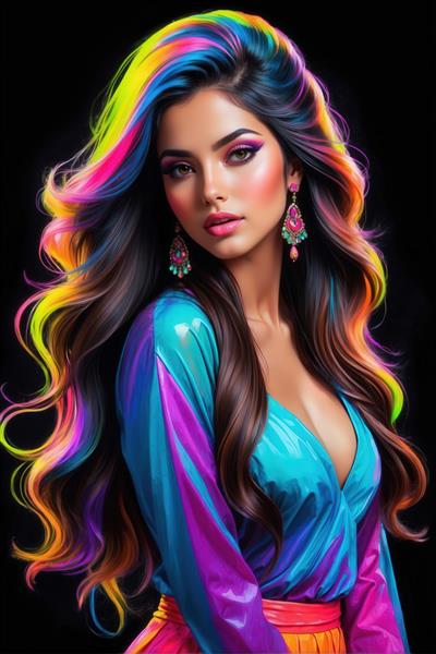 عکس زن با موهای نئونی رنگارنگ برای تابلو دیواری مدرن