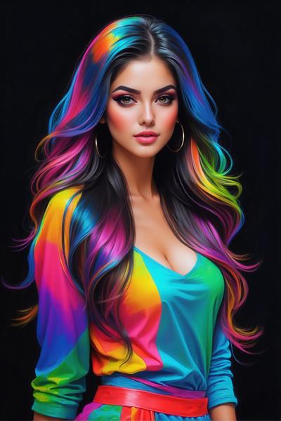 تصویر زن جذاب با موهای رنگارنگ و لباس نئونی برای چاپ عریض
