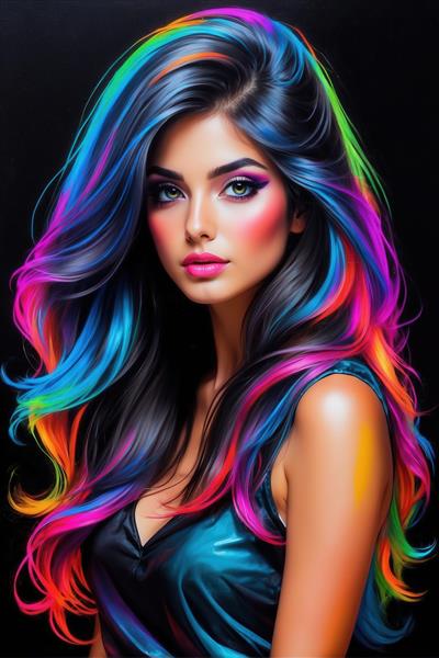 تصویر چهره زن با موی تیره و هایلایت نئونی برای چاپ روی کوسن