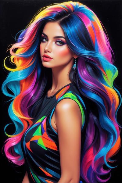 تصویر زن جذاب با موهای پرپشت نئونی برای دکوراسیون داخلی مدرن