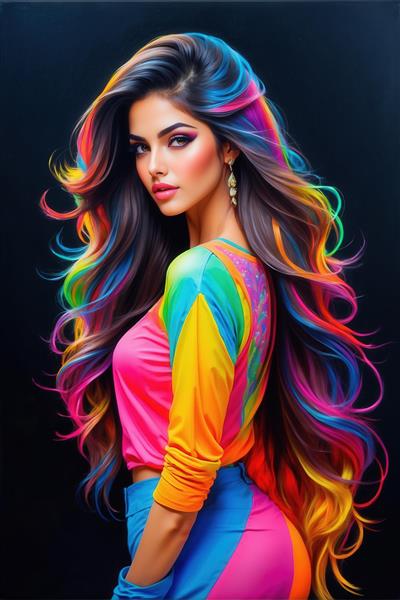 طرح هنری زن با موهای بلند رنگین‌کمان برای پوستر دیواری باکیفیت