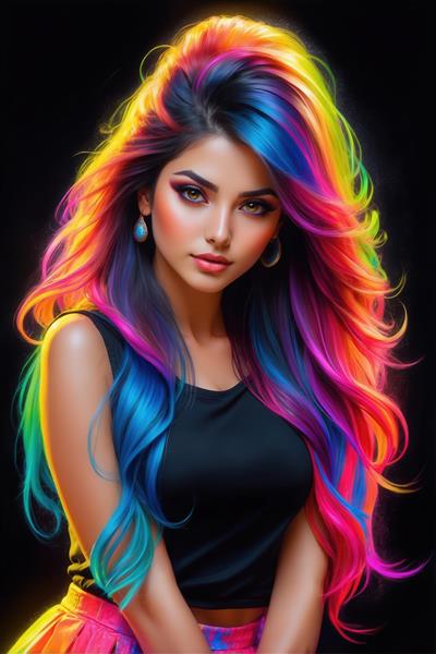 تصویر پرتره زن جذاب با موهای رنگین‌کمانی نئونی برای پوستر باکیفیت
