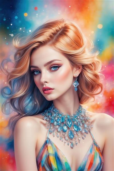 تصویر پرتره زن بلوند با گردنبند کریستالی آبی برای پوستر اتاق خواب