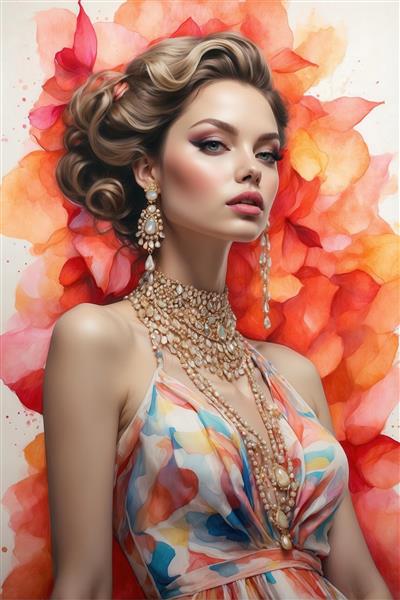 نقاشی زن شیک با جواهرات لوکس و لباس آبرنگی برای تابلو اتاق پذیرایی