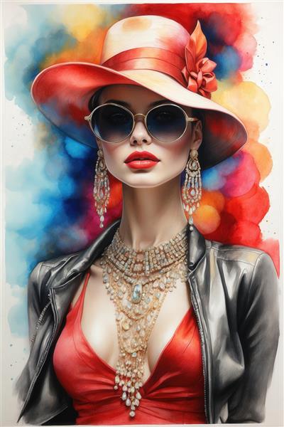 عکس پرتره زن شیک با عینک و کلاه قرمز مناسب چاپ روی پرده و بوم