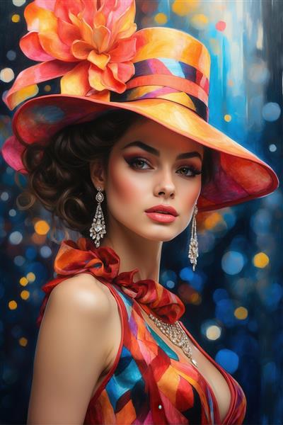 طرح نقاشی زن با کلاه لبه‌دار و جواهرات لوکس برای چاپ روی بوم