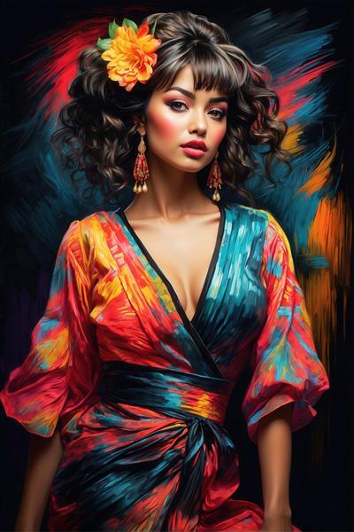 طرح نقاشی پرتره زن با گل نارنجی و لباس رنگارنگ برای چاپ روی روتختی