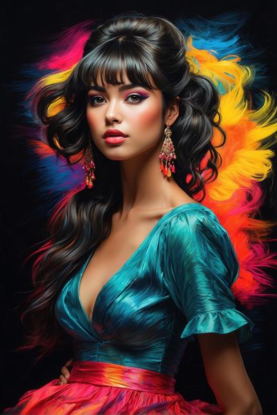 تصویر نقاشی پرتره زن با مدل موی کلاسیک و لباس فیروزه‌ای برای تابلو