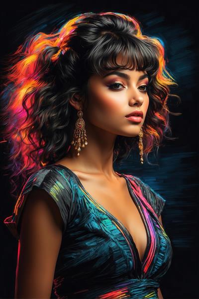 طرح نقاشی زن با مدل موی بسته و لباس طرح‌دار نئونی برای چاپ روی ماگ