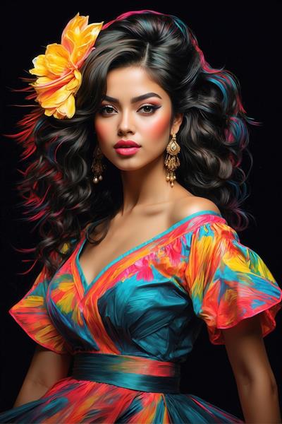 عکس پرتره زن با گل آفتابگردان و لباس رنگین‌کمانی شاد برای دکور خانه