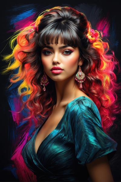 طرح نقاشی زن جذاب با موی موج‌دار رنگی و لباس مجلسی برای چاپ روی کوسن